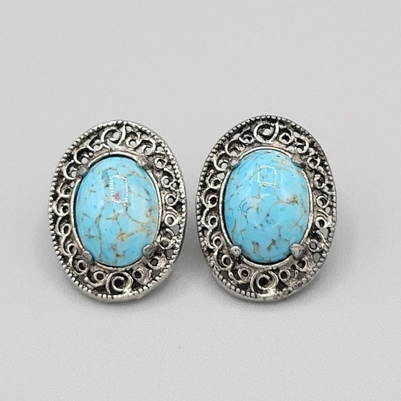 Hollycraft Blue Howlite Stone Silver Tone Filigree Accent Clip On Earrings - Picture 1 of 8